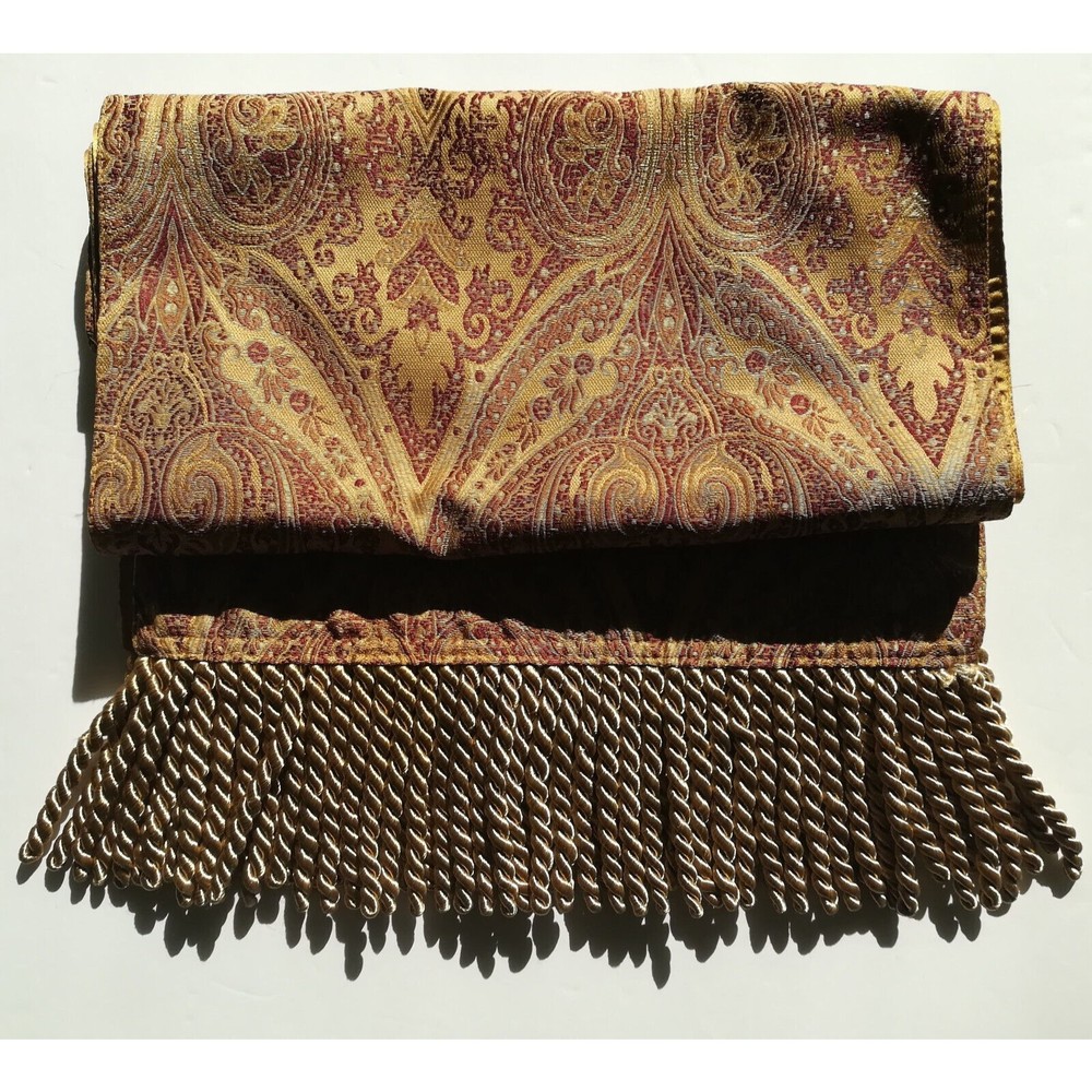 Vintage 70" Table Runner Damask Gold Burgandy Design Solid Satin Back